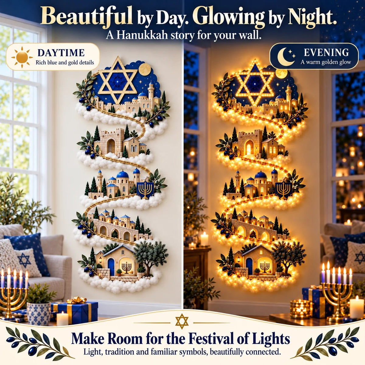 🔥🎁🕎 Hanukkah Festival of Lights Wall Decor Collection – 4 Glowing Designs Celebrating Eight Nights of Light ✨
