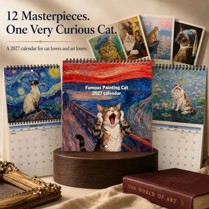 2027 Funny Cat Meme Calendar featuring famous painting inspired cat artwork