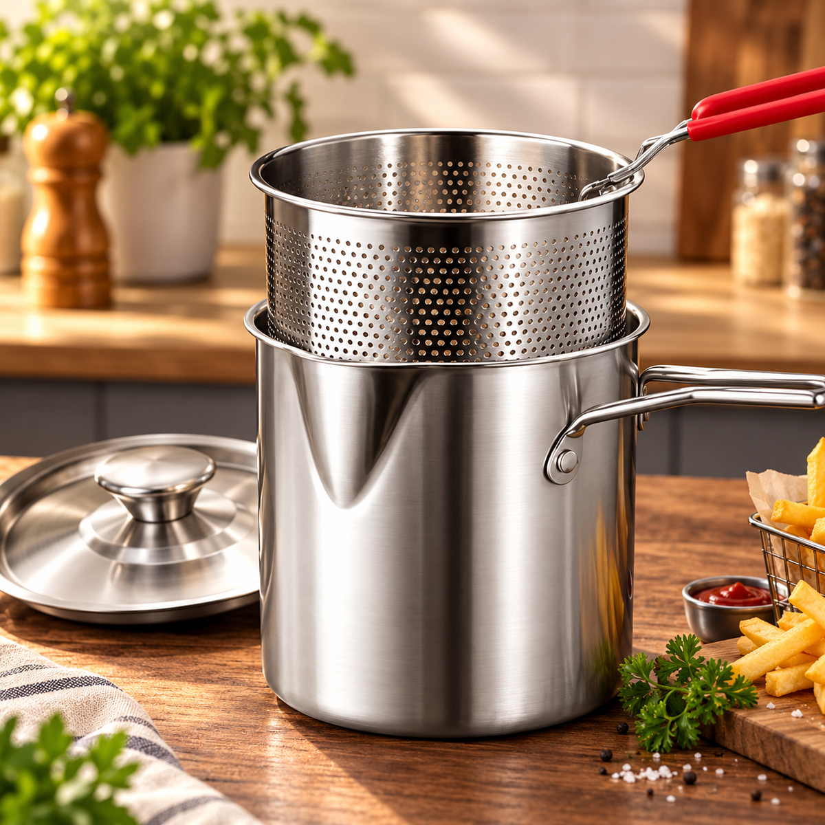 🍳Multifunctional 304 Stainless Steel Fryer – Deep Frying Pot with Strainer Basket✨