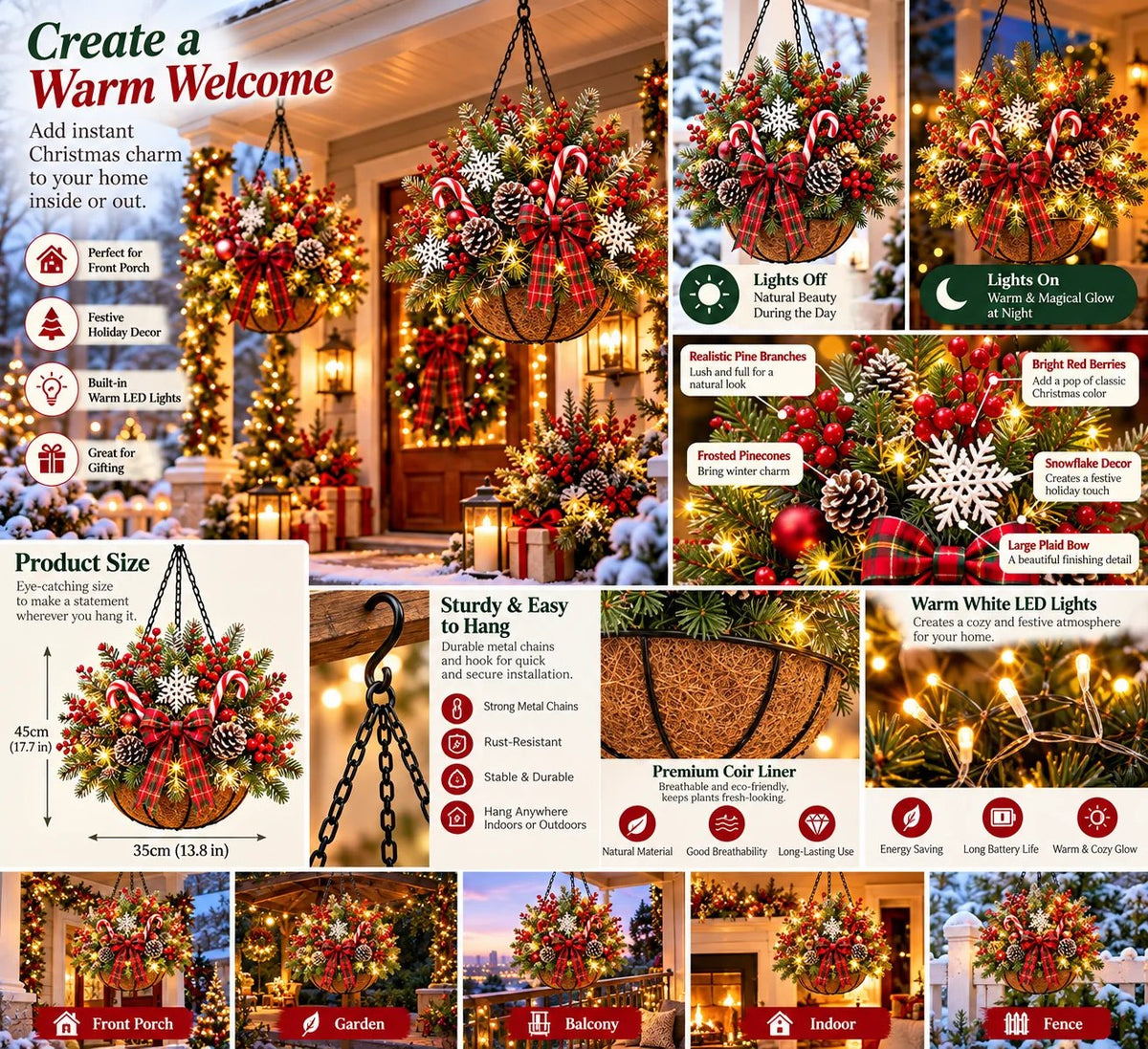 🎄 Last Day: 33% OFF – Pre-Lit Christmas Hanging Basket | Warm LED Lights & Weather-Resistant Holiday Decor ✨