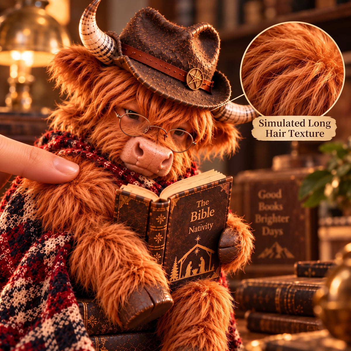 Enchanted Highland Cow Reader Sculpture, Winter Tabletop Book Nook Decor
