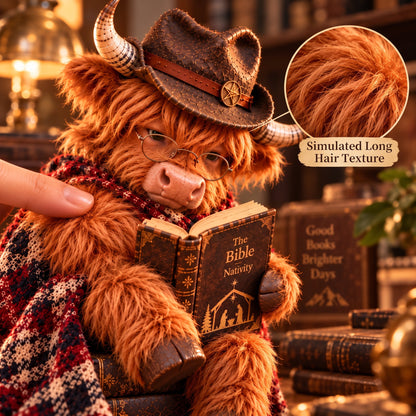 Enchanted Highland Cow Reader Sculpture, Winter Tabletop Book Nook Decor