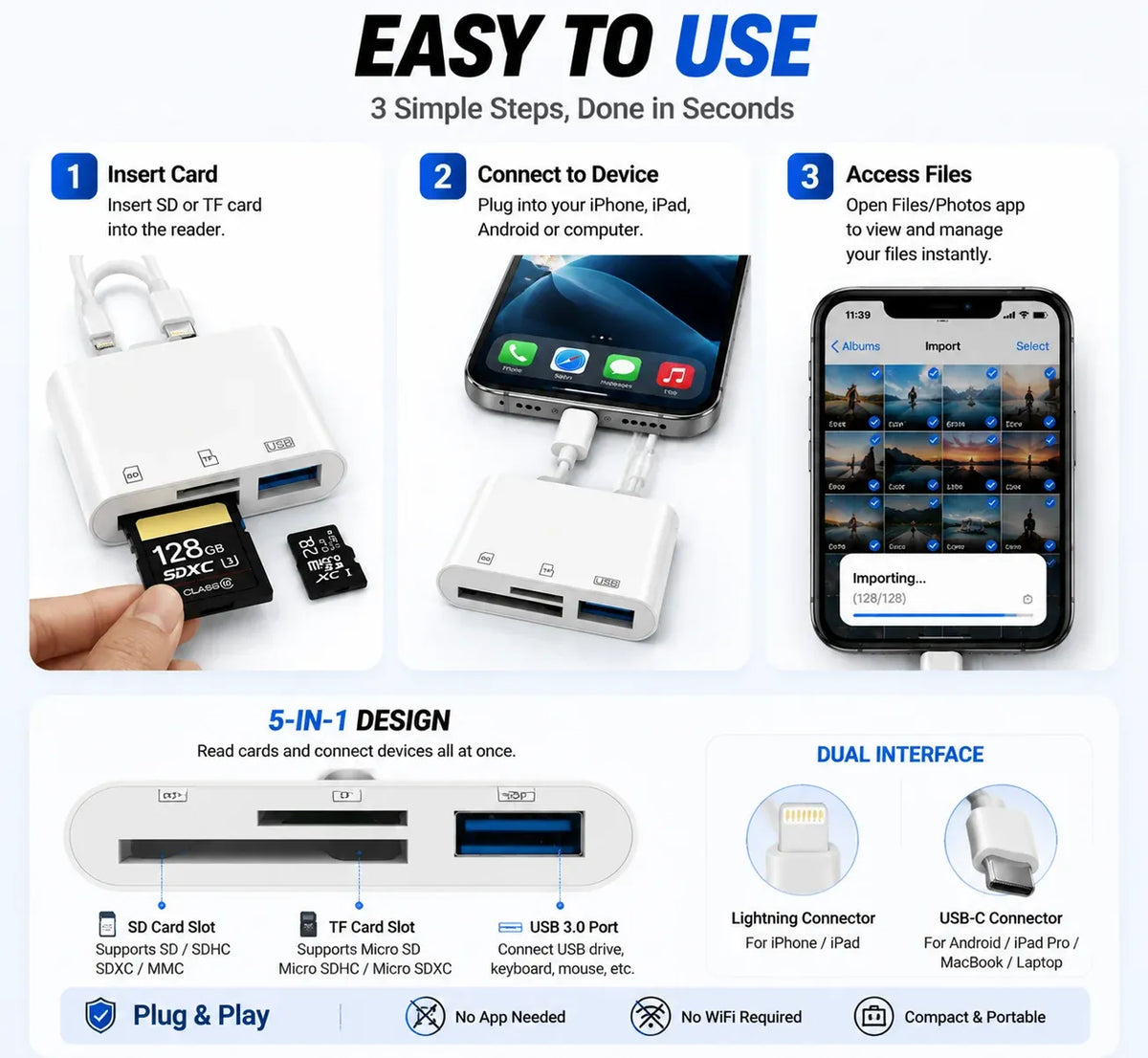 💥 50% discount🔌 5-in-1 SD Card Reader for iPhone & USB-C – Fast Photo & Video Transfer Adapter