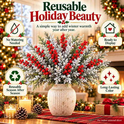 ❄️ Snow-Frosted Christmas Greenery & Red Berry Stems – Elegant Winter Home Decor 🎄