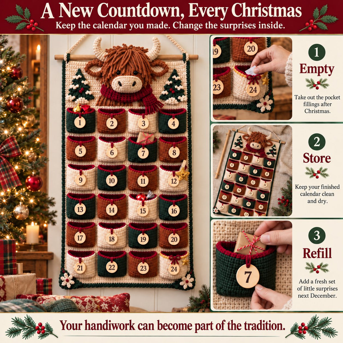 🎄 DIY Crochet Advent Calendar Kit – 24 Refillable Pockets & 4 Christmas Designs 🧶 | 45% OFF
