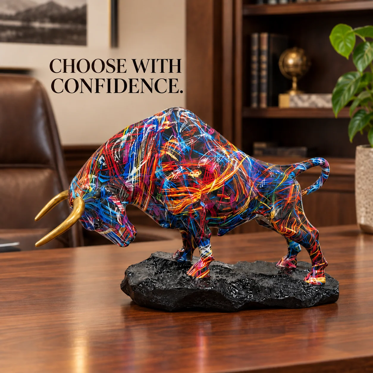 🐂🎨 Colorful Charging Bull Sculpture – Bold Wall Street–Inspired Decor