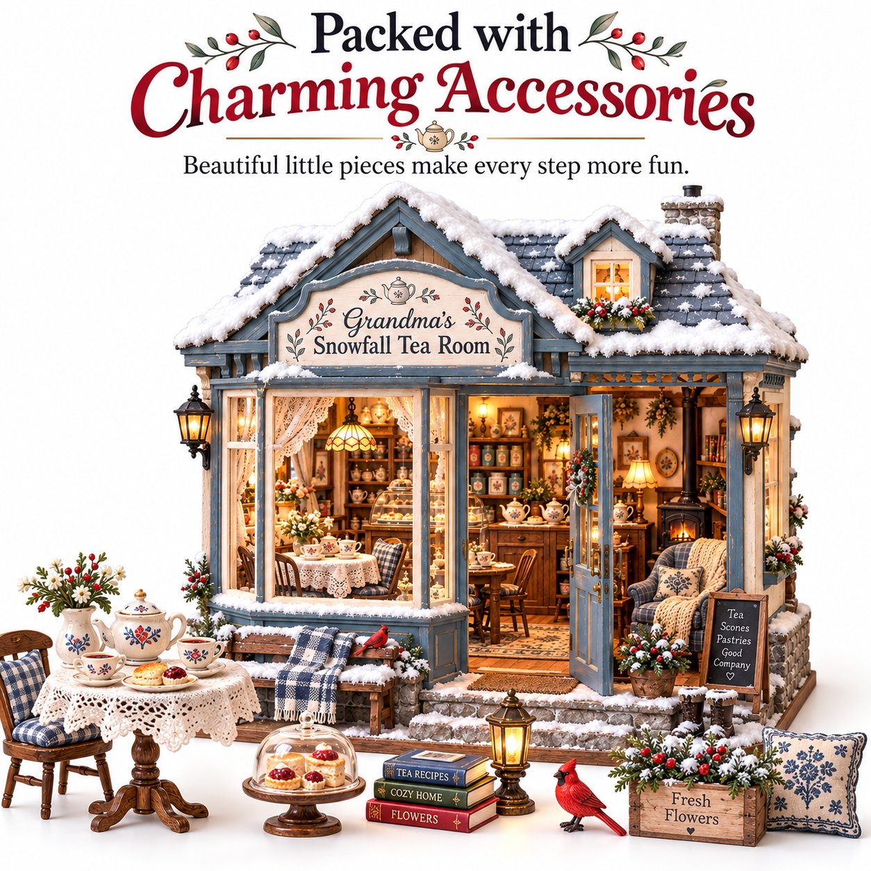 Snowfall Tea Room miniature accessories including tea service, pastries, books and flowers