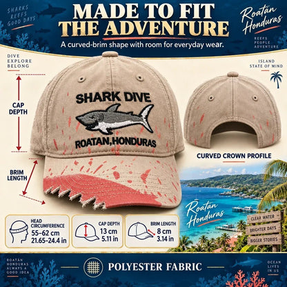 🎉🦈 Shark Bite Baseball Cap | Embroidered Shark • Bite-Shaped Frayed Brim