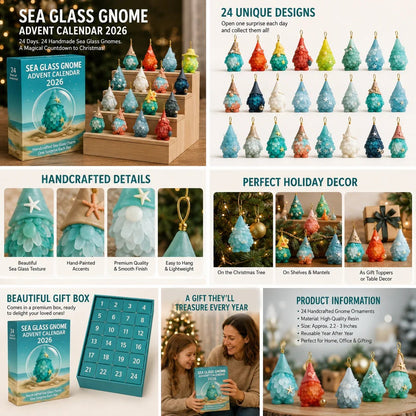 🌊Sea Glass Gnome Advent Calendar 2026 | 24 Coastal Gnome Charms for Christmas Countdown, Tree Decor & Holiday Gifts 🎄