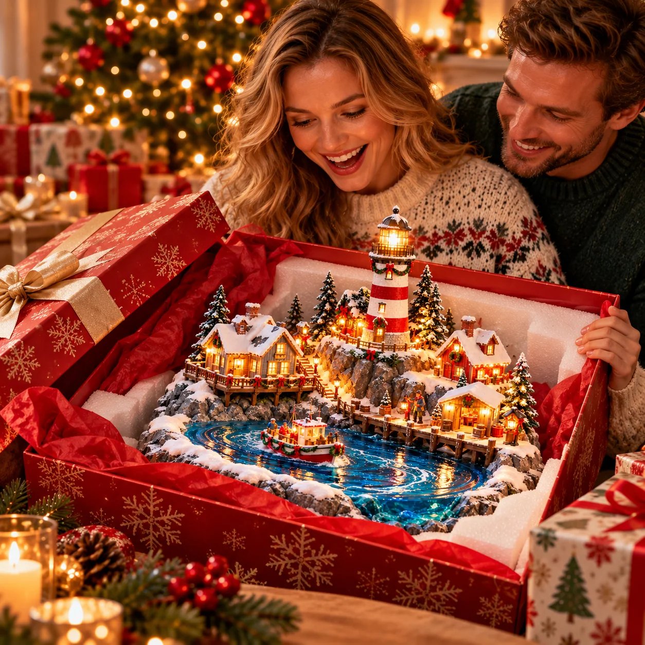Coastal Christmas Harbor lighthouse village being presented as a Christmas gift