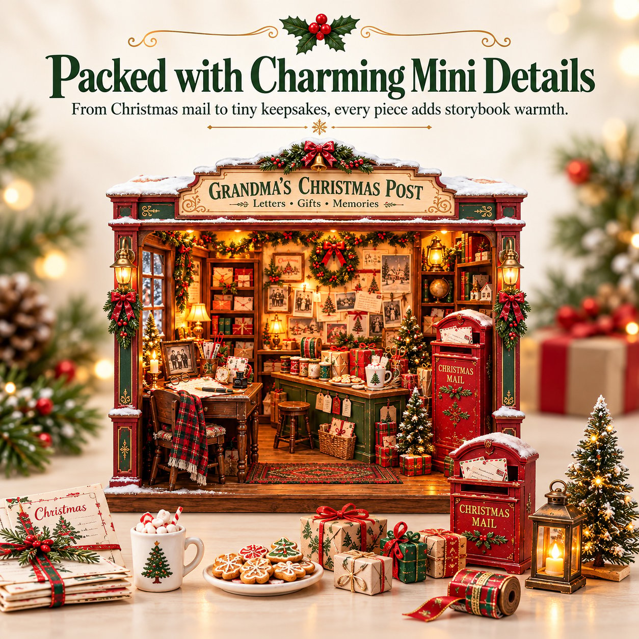 Grandma's Christmas Post miniature surrounded by tiny holiday gifts, Christmas cards, cookies and festive keepsakes