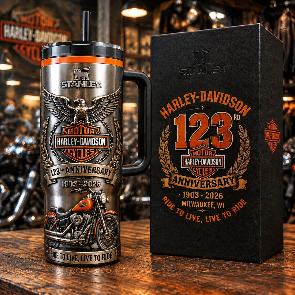 123rd Anniversary 1903-2026 motorcycle-inspired tumbler with presentation box