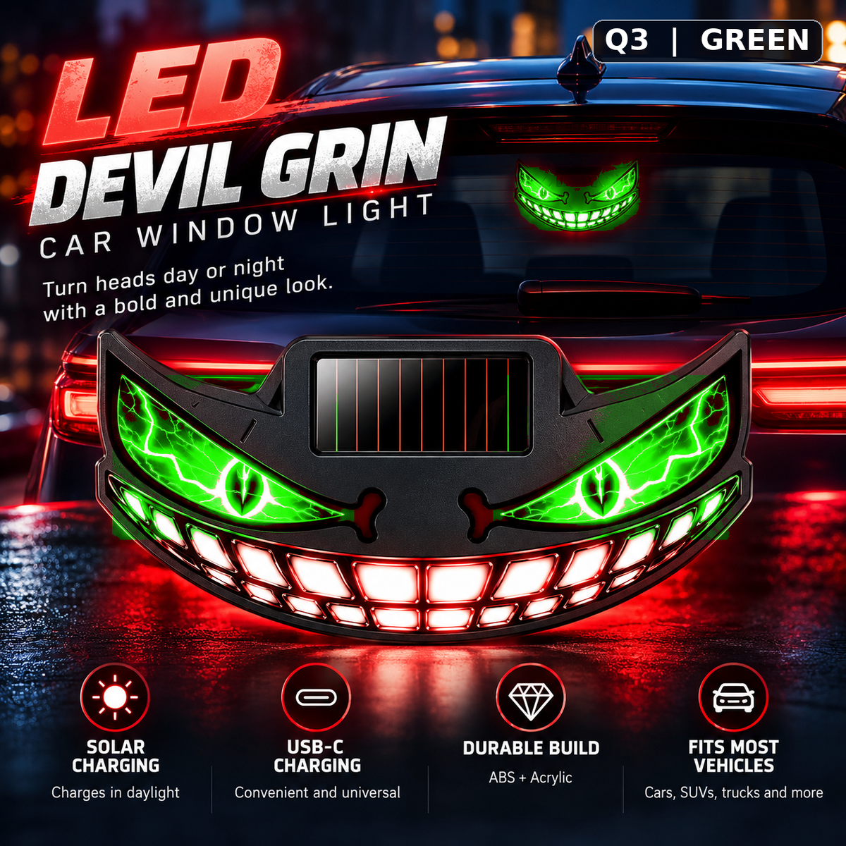 😈🚗 Devil Grin LED Car Window Light – Solar + USB-C Rechargeable Window Glow