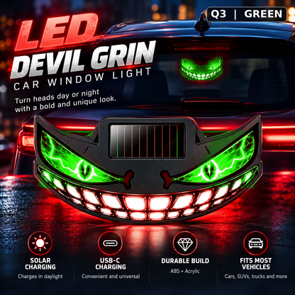 😈🚗 Devil Grin LED Car Window Light – Solar + USB-C Rechargeable Window Glow