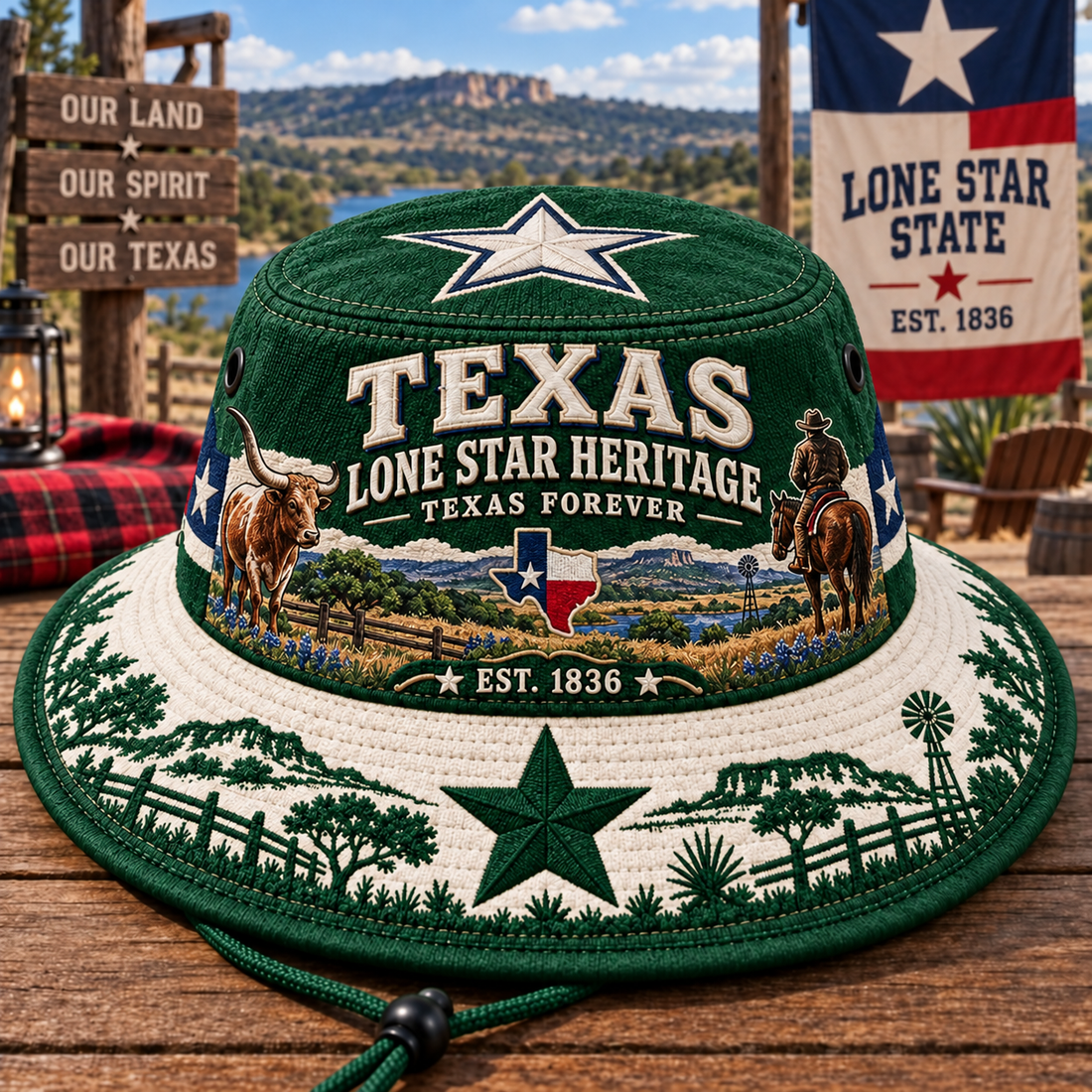 Texas Lone Star Heritage wide brim boonie hat with Longhorn, cowboy and Texas Forever artwork