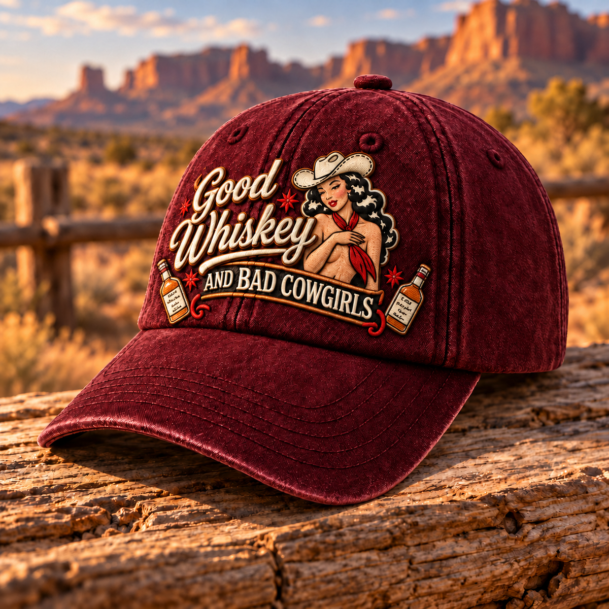 🤠🥃 Good Whiskey And Bad Cowgirls Retro Western Pin-Up Baseball Cap