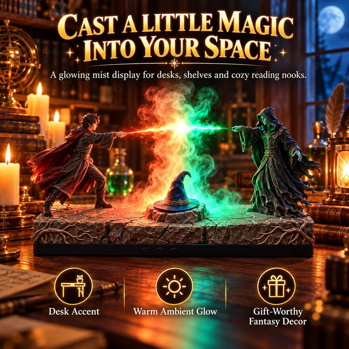 🪄🌫️ Fantasy Magic Duel Diffuser – Rising Mist, Dual-Color Glow & Resin Sculpture!!!