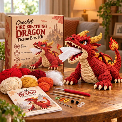 🐉 Fantasy Crochet Tissue Box Cover DIY Kit – Fire-Breathing Dragon or Lava Turtle 🧶