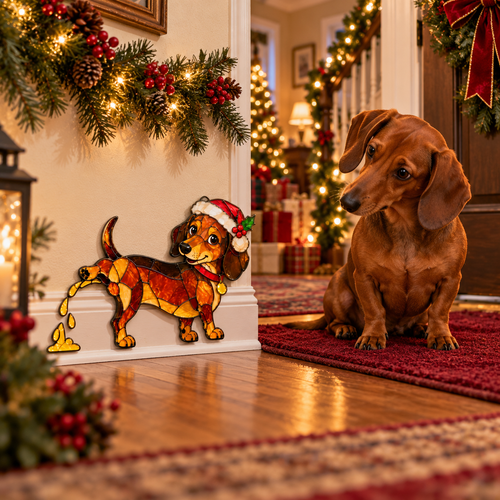 🐕🎄 Funny Peeing Dachshund Christmas Decoration – Cheeky Stained-Glass-Style Holiday Decor
