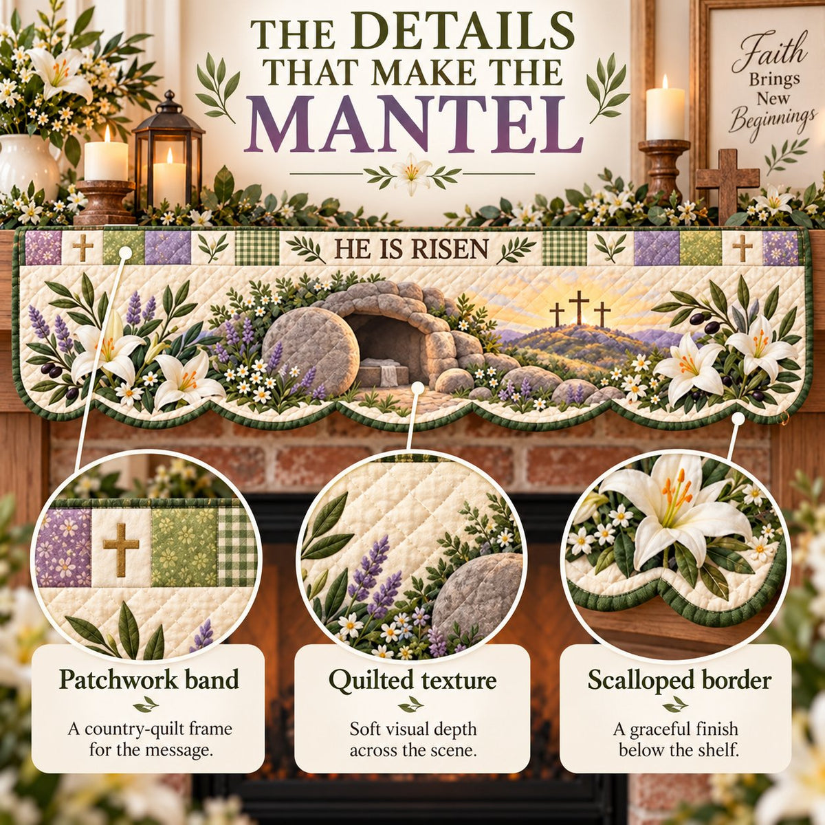 ⏳ Last Day 49% OFF – ✝️ Easter Faith Quilted Mantel Scarf | Patchwork Christian Fireplace Décor for Spring & Easter 🌷