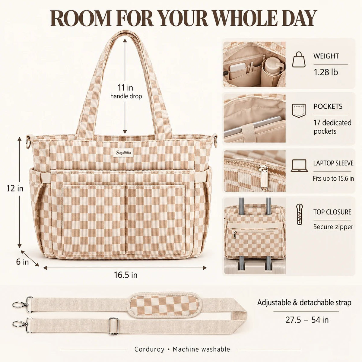 🎒✨Large Corduroy Tote Bag for Women – Multi-Pocket Laptop & Work Bag