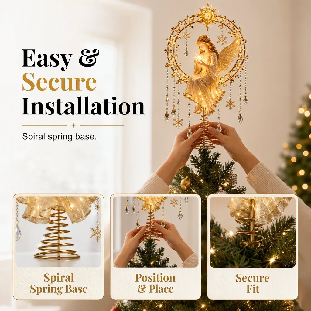 👼 Golden Angel Christmas Tree Topper – Warm LED Glow & Sparkling Details