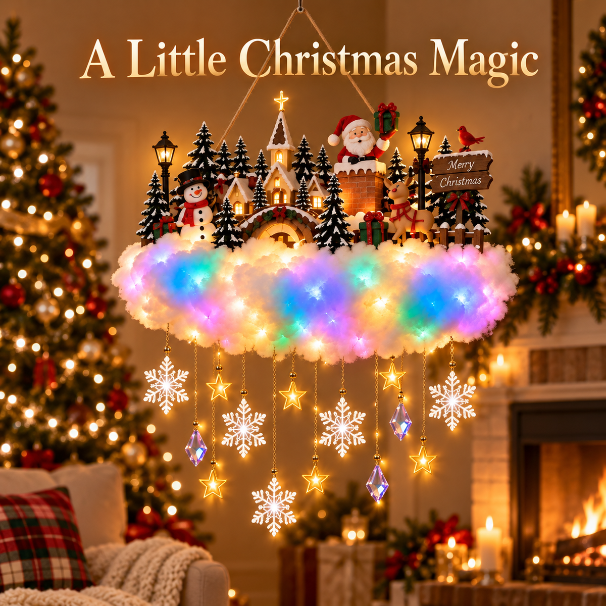 🔥 LAST DAY 50% OFF🔥 Light-Up Christmas Village Cloud Hanging Decoration with Santa, Snowman & Reindeer