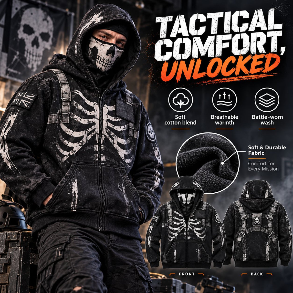ReaperZip Tactical Skull Hoodie 🎯Full-zip tactical comfort with a battle-worn edge.
