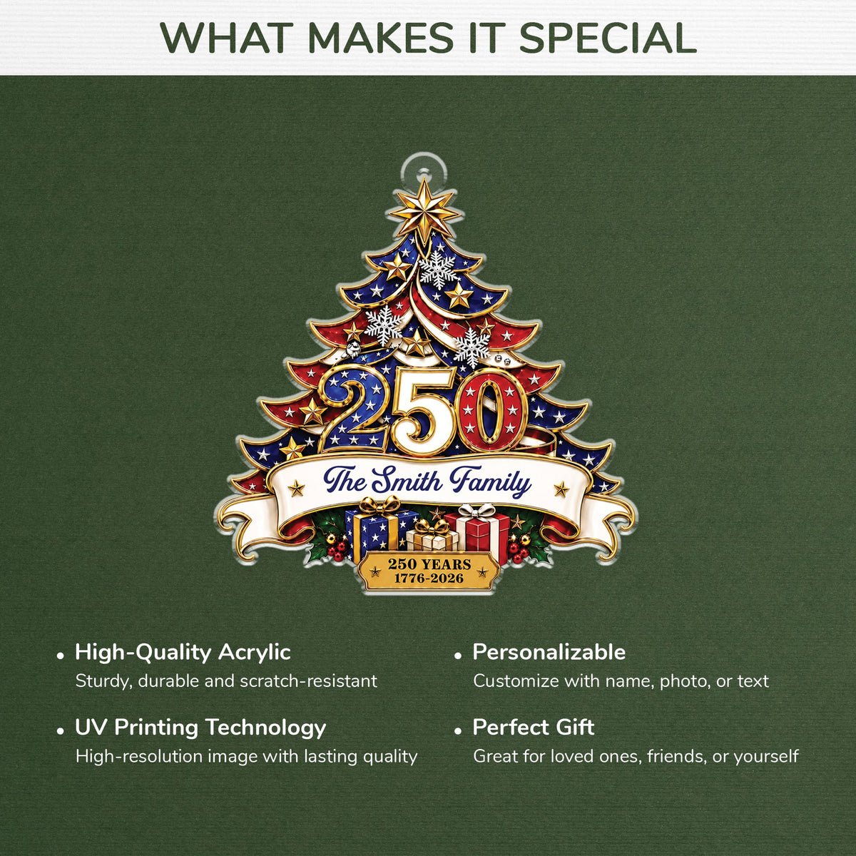 🇺🇸🎄 America’s 250th Anniversary Christmas Tree Ornament – Personalized Family Keepsake Gift ✨