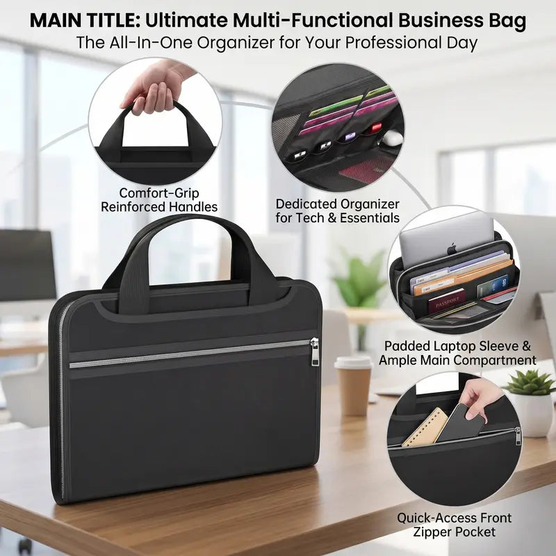 Black document organizer bag with carrying handles, zip closure and exterior pocket