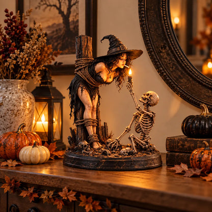 💀 Witch & Skeleton Light-Up Scene Figurine – Gothic Halloween Tabletop Décor