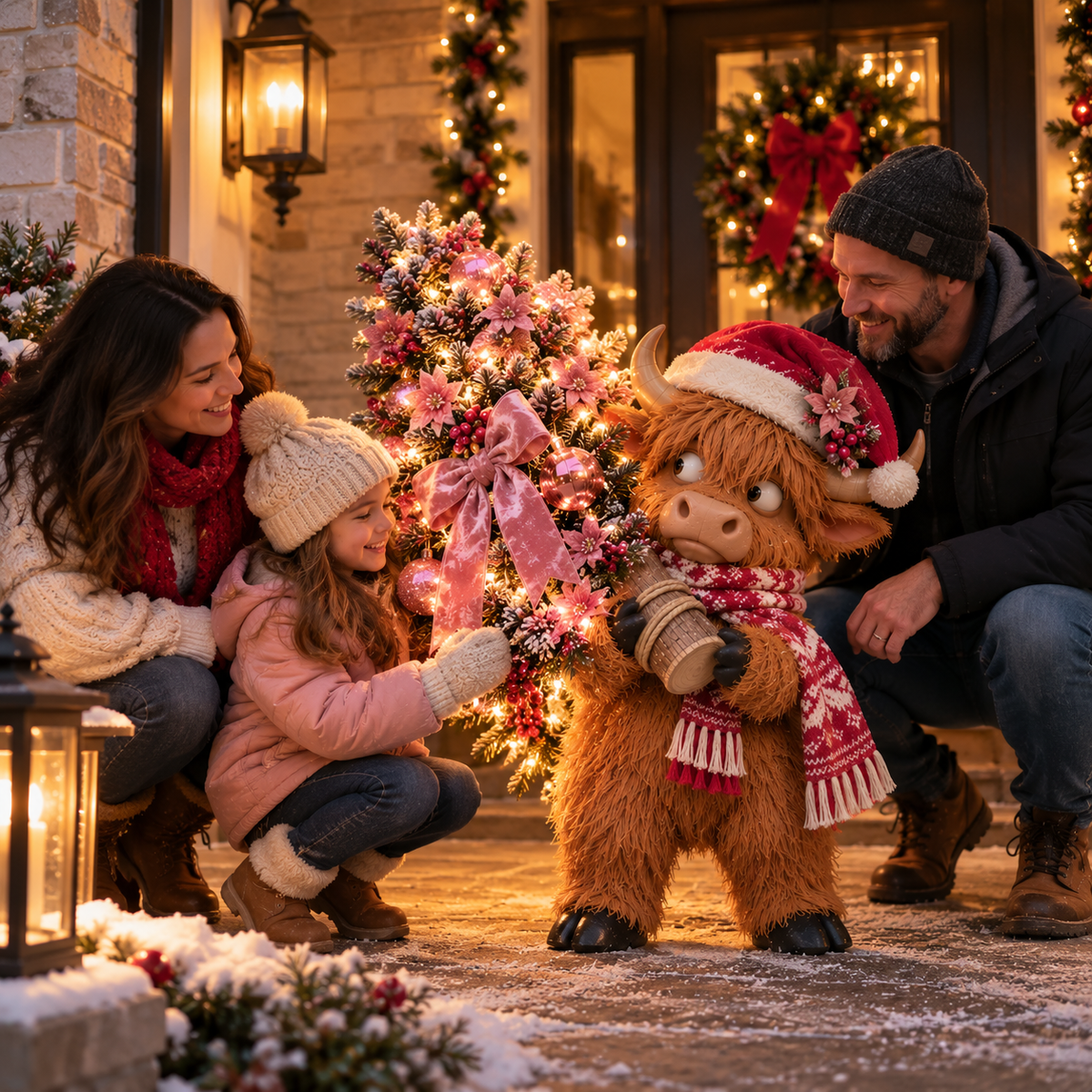Family enjoying the Pinkmas Highland Cow Christmas decoration