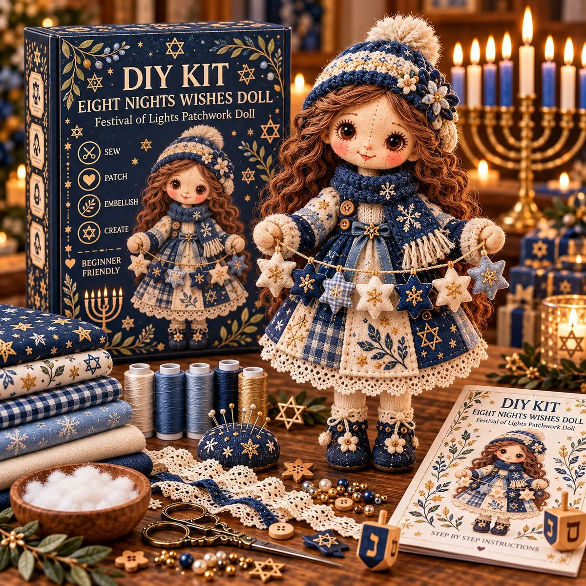 🕎🧵 Hanukkah DIY Patchwork Doll Kit – Handmade Festival of Lights Keepsake