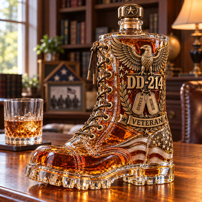 DD-214 Veteran Whiskey Decanter – Military Retirement Combat Boot Liquor Bottle with Eagle & American Flag