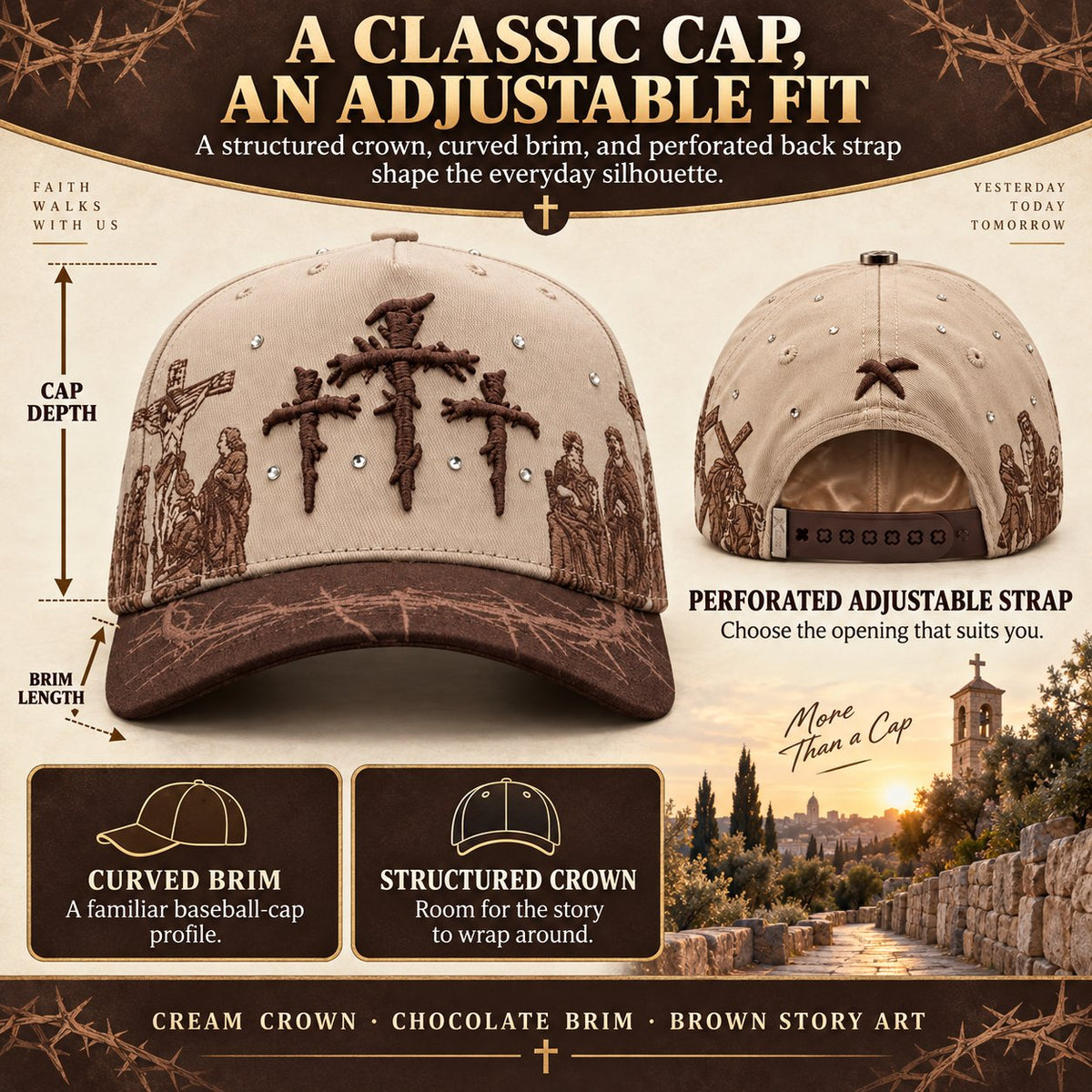 ✝️ Viacrucis Faith-Inspired Cap | Raised Crosses • Way of the Cross Artwork