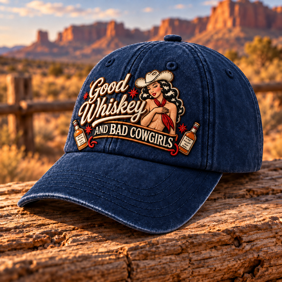 🤠🥃 Good Whiskey And Bad Cowgirls Retro Western Pin-Up Baseball Cap