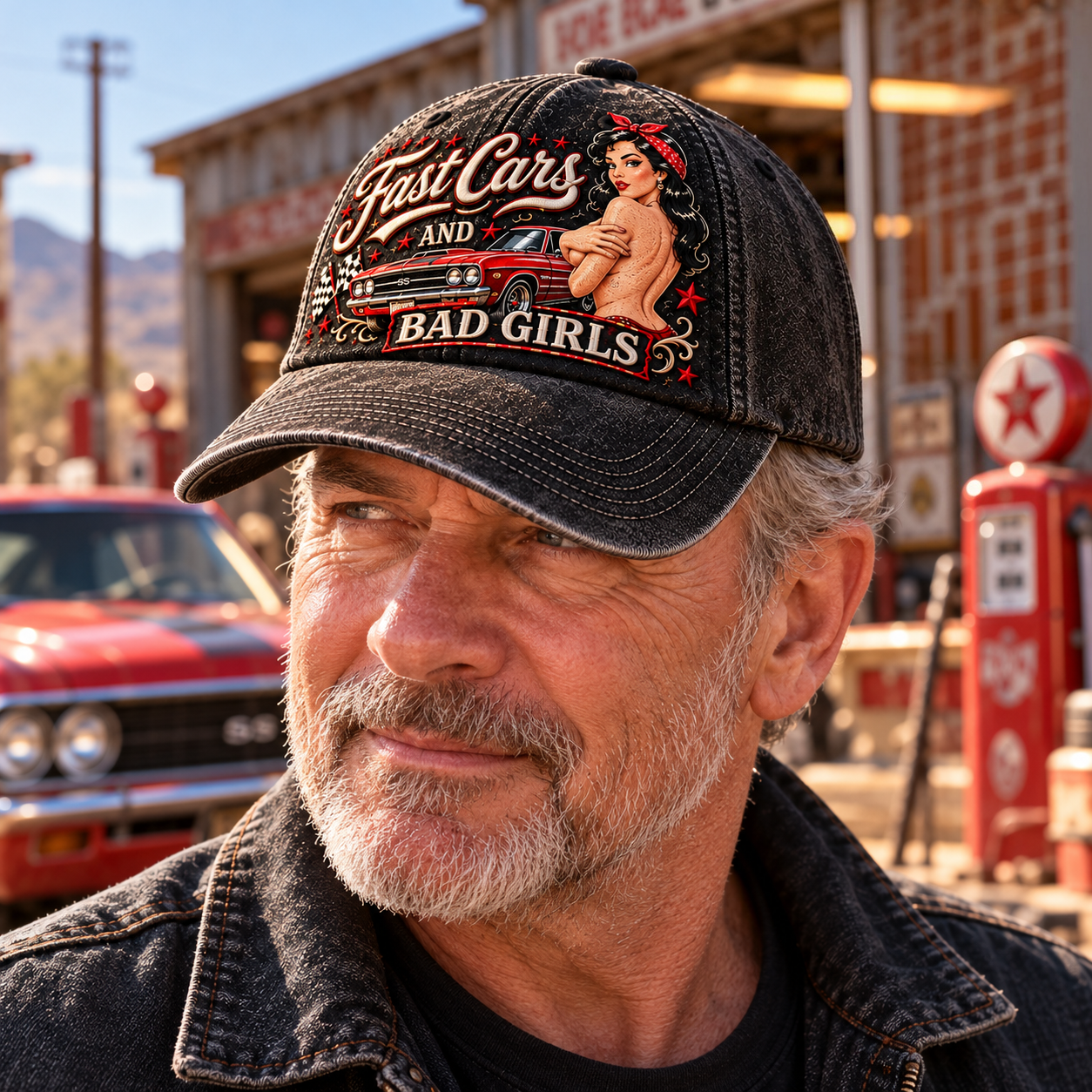 Mature man wearing the retro muscle car baseball cap near a vintage garage and classic red car