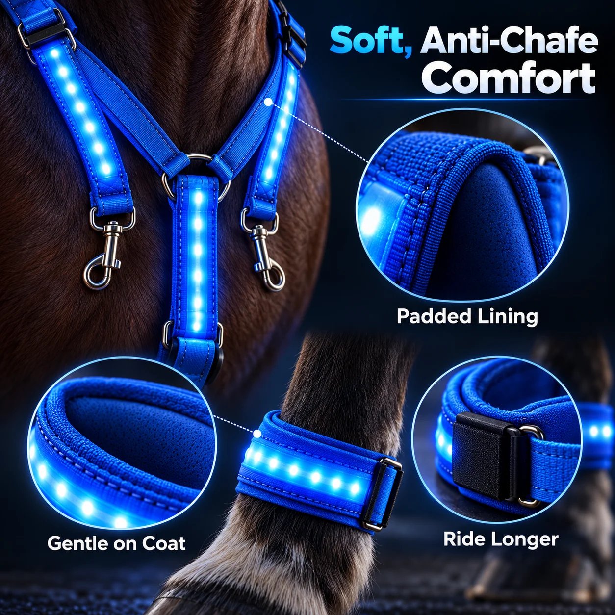 Soft padded anti-chafe horse LED harness and leg bands