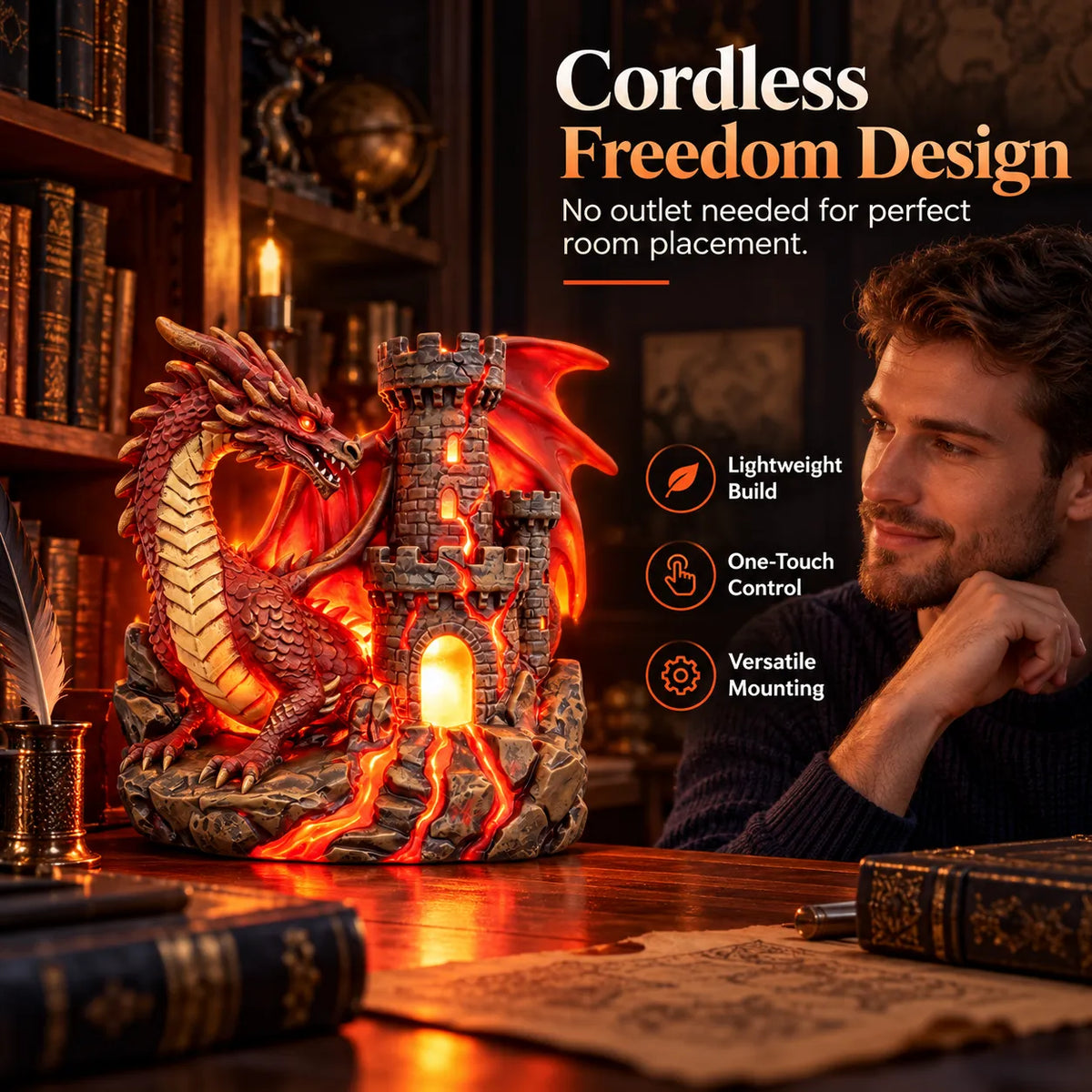 🏰 Mythical Accent Special 60% OFF 💥 Western Dragon and Castle Wall-Mounted LED Night Light Fantasy Lava Resin Ornament