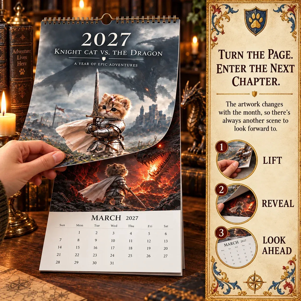 🐱 2027 Knight Cat vs. The Dragon Wall Calendar | 12 Fantasy Scenes