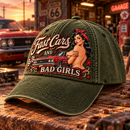 🏁🔥 Fast Cars And Bad Girls Retro Muscle Car Pin-Up Baseball Cap