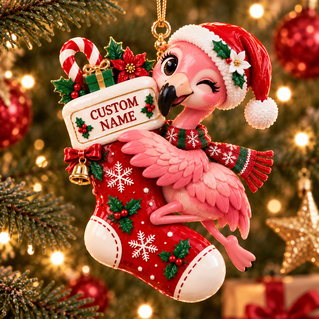 Personalized Flamingo Christmas stocking ornament