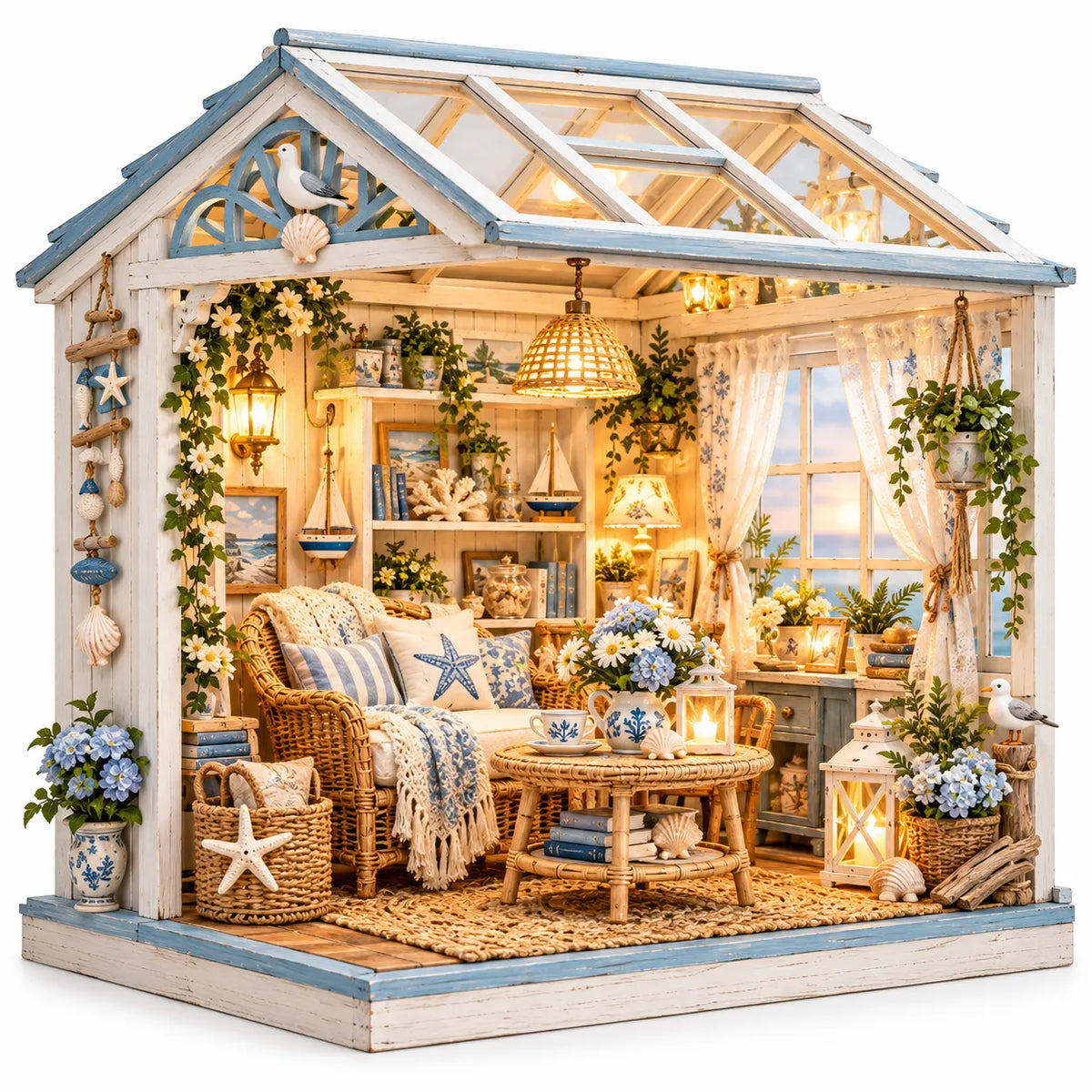 🌊 DIY Coastal Sunroom Miniature Kit | Warm LED Glow | Cozy Coastal Grandma Home Decor 🐚