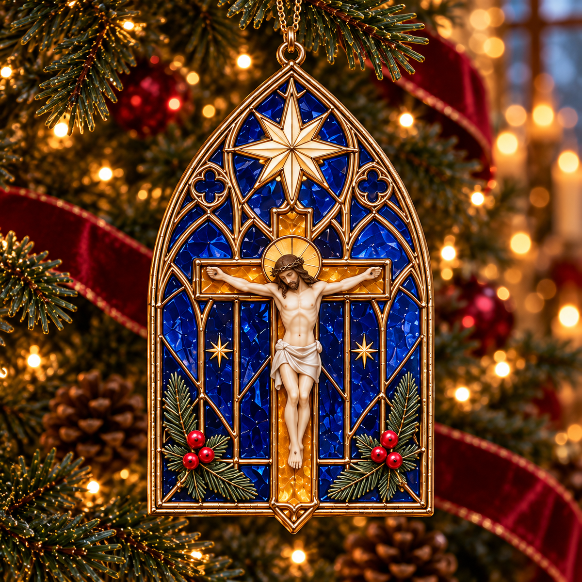 2026 Sacred Light — Vintage Stained Glass–Style Crucifix Christmas Ornaments | Set of 6