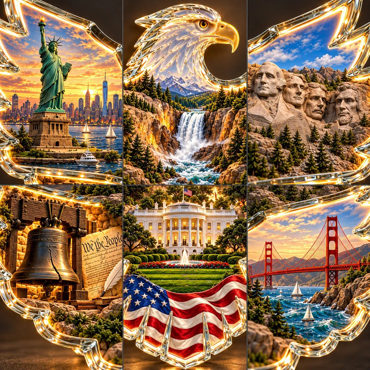 🦅 American Heritage Light-Up Eagle Wall Art – 6 Iconic U.S. Landmarks 🇺🇸