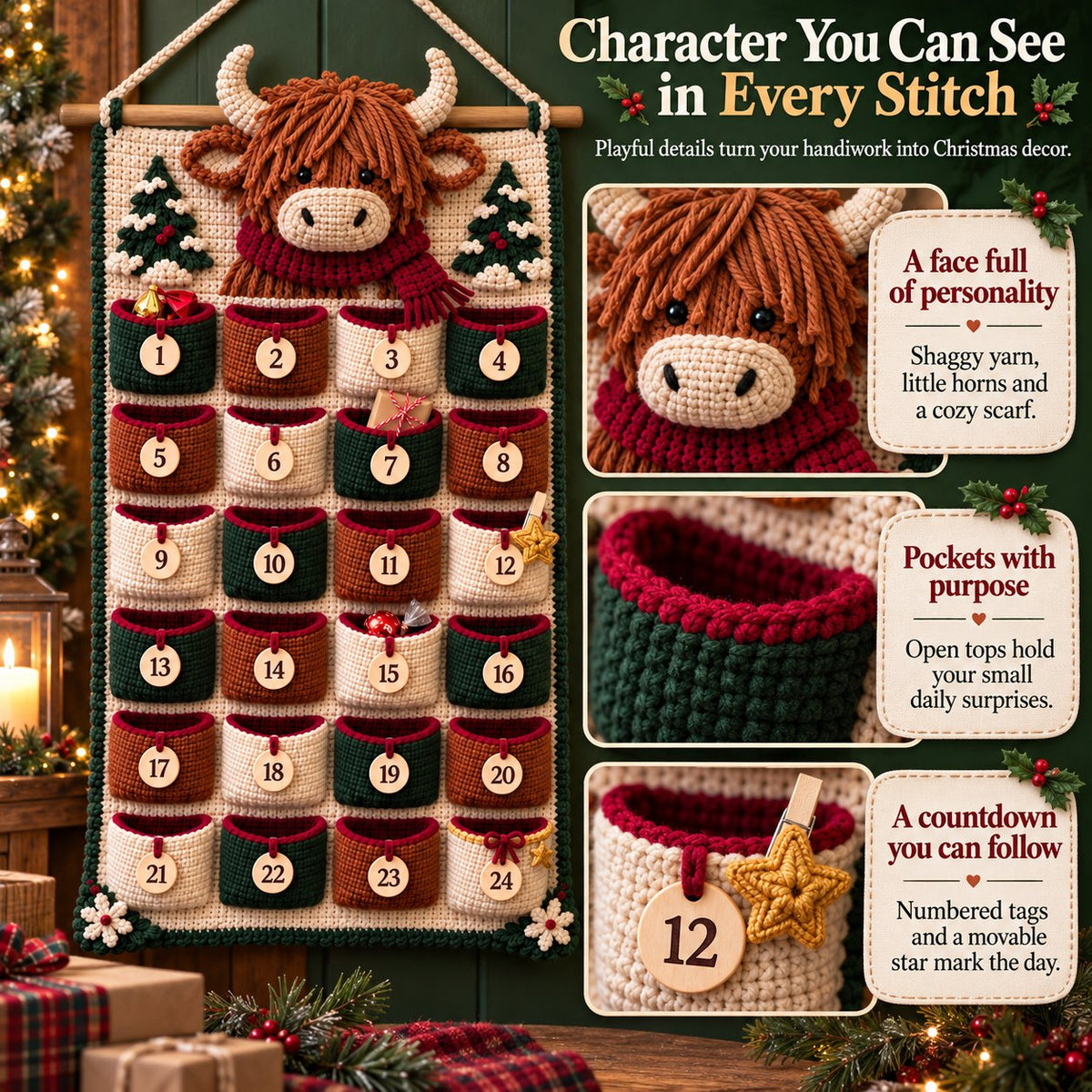 🎄 DIY Crochet Advent Calendar Kit – 24 Refillable Pockets & 4 Christmas Designs 🧶 | 45% OFF