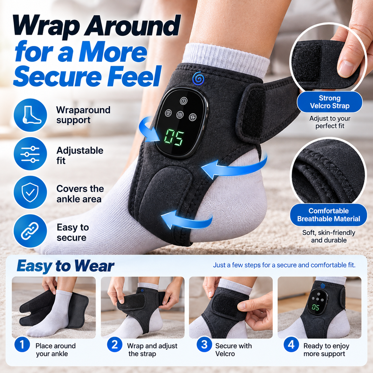🔥 Smart Heated Ankle Support Wrap – Adjustable Digital Comfort Brace