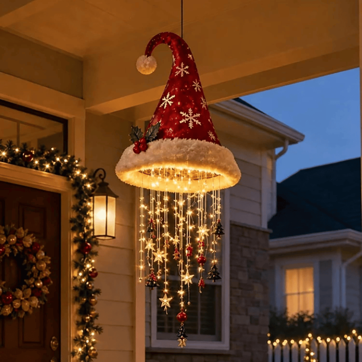 🎄 Hanging Santa Hat LED Tree Lights – Cascading Christmas Glow for Festive Holiday Decor 🎅
