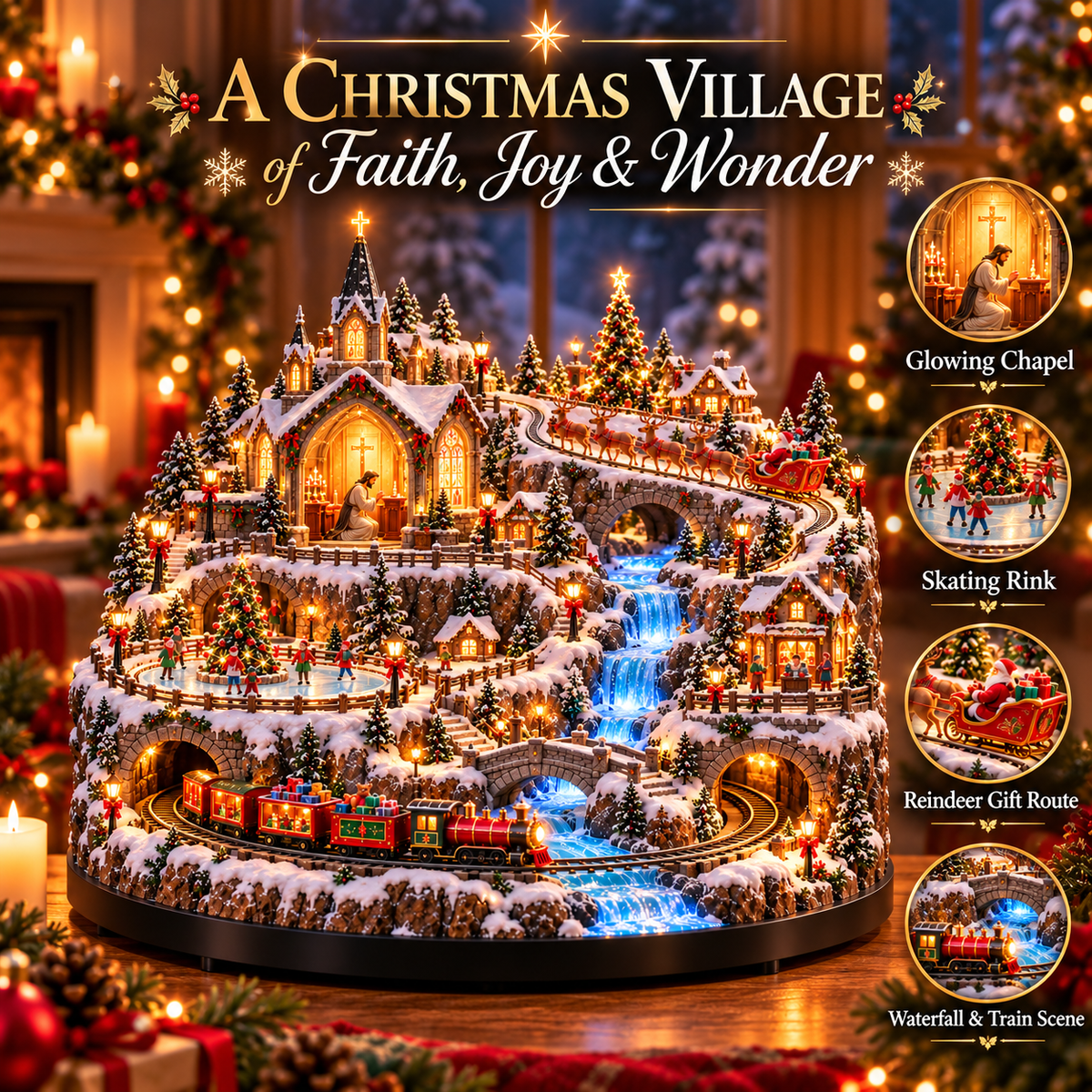 🚂✨ Lighted Christmas Village with Moving Train, Glowing Waterfall & Reindeer Sleigh – 49% OFF 🎄