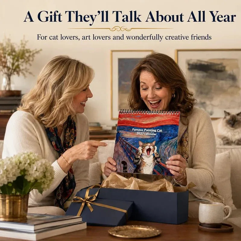 Funny cat art calendar being given as a gift